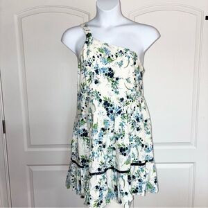 Free People All Mine White Blue Floral Print One Shoulder Mini Dress Large